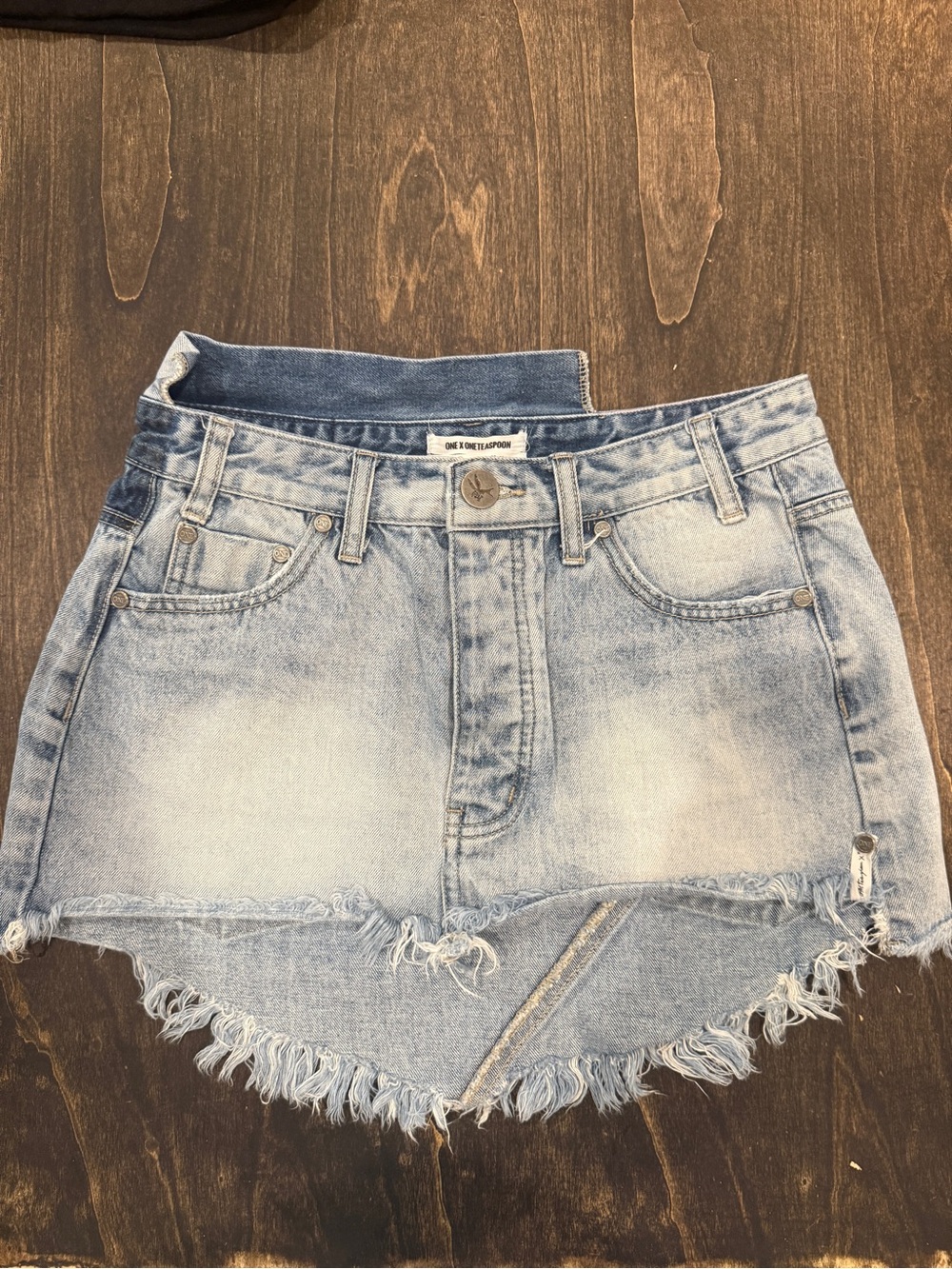 One Teaspoon Light Wash Distressed Denim Mini Skirt